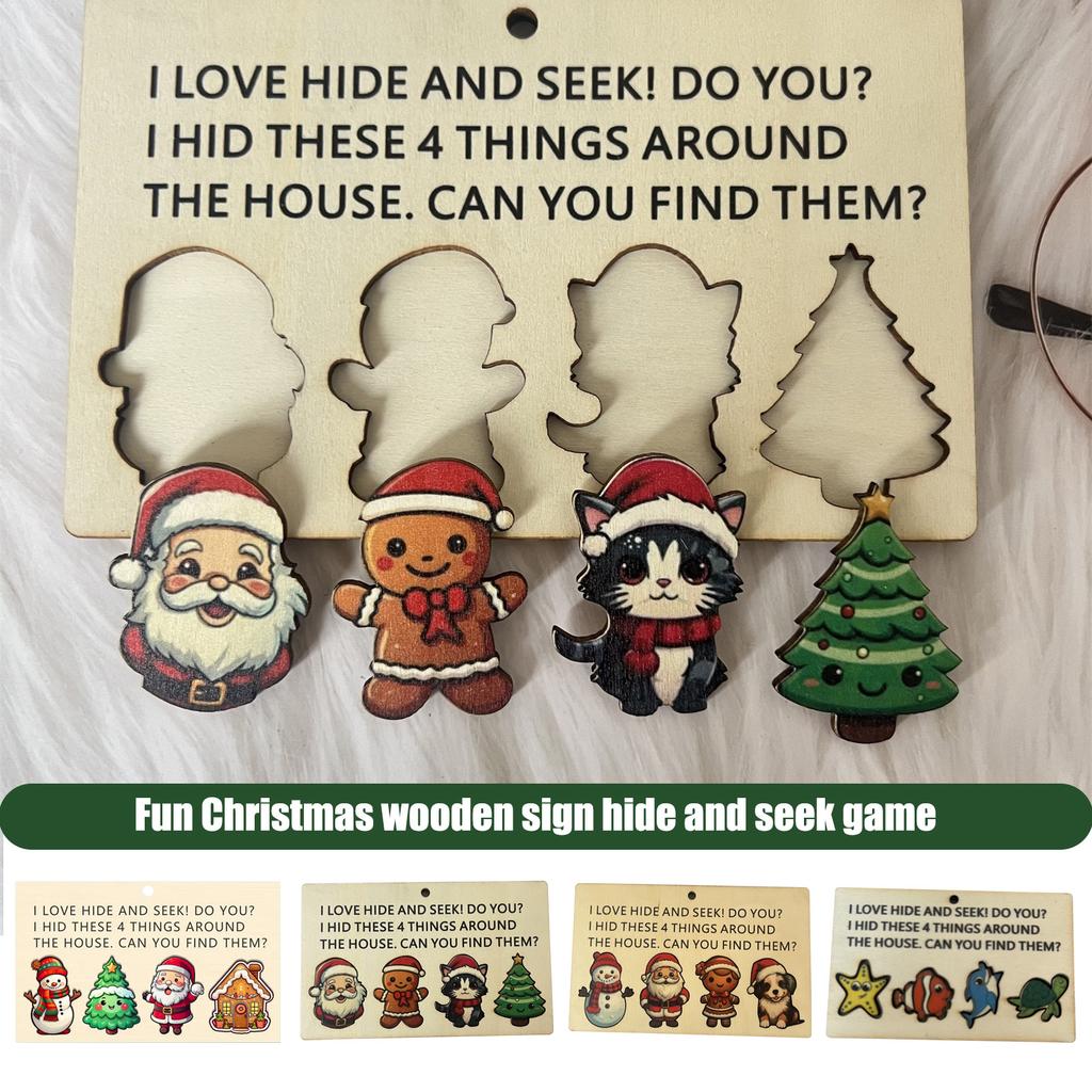 Christmas Wooden Sign Hide And Seek Family Toy, Fun Shape Matching Game