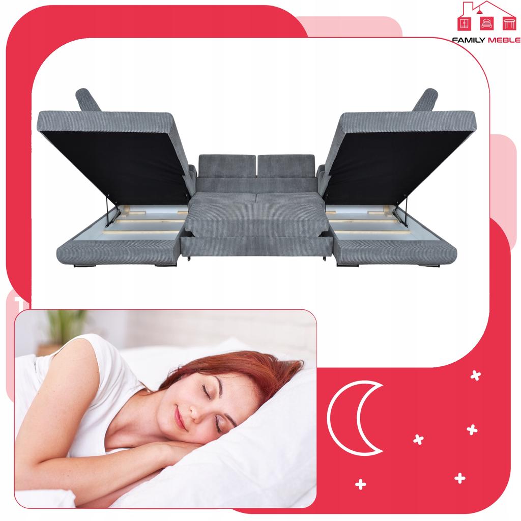 U-shaped Corner Sofa Bed, Extendable F. Savio Family Sleeping Furniture Grey Corduroy