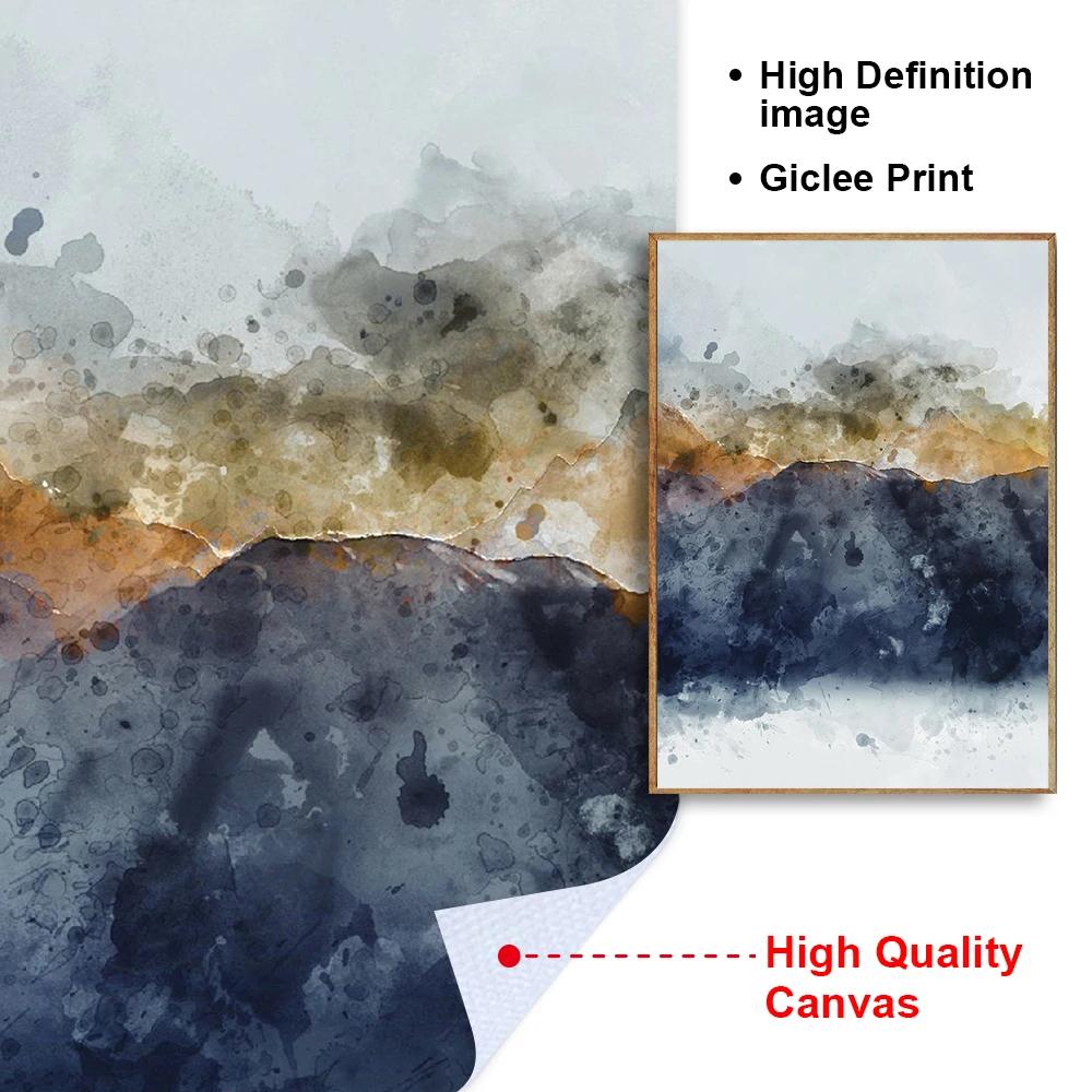 Navy Blue Golden Mountains Abstract Wall Art Canvas Painting Modern Nature Watercolor Artwork Prints Posters Living Room Decor