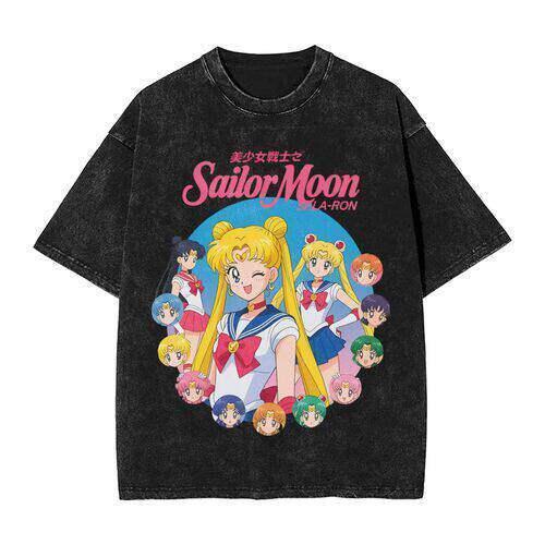 Rare Sailors Moon Summer Fashion Washed Black Cotton Pure Cotton Roundneck Shortsleeved Tshirt For Unisex