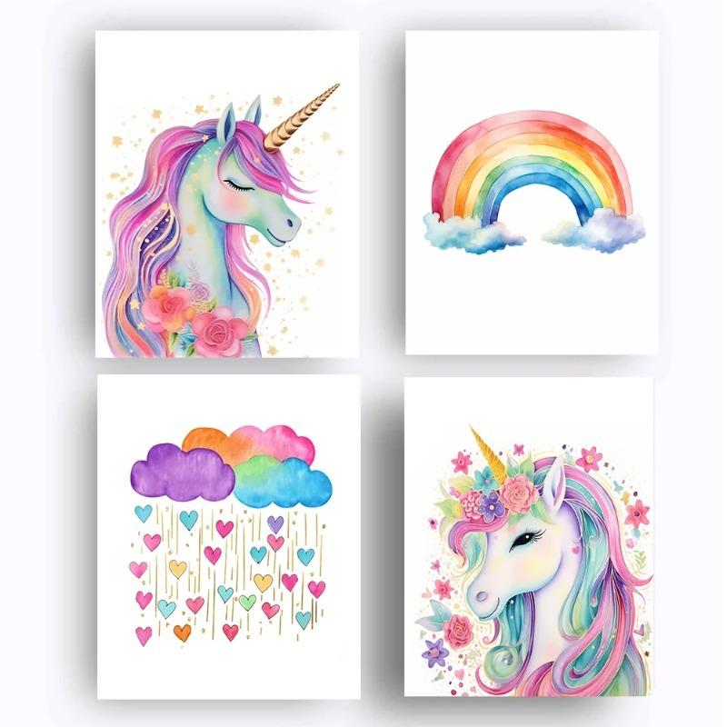 Unicorn Wall Art Girls Room Decor Unicorn Gold Glitter Canvas Painting Cloud Rainbow Prints Picture