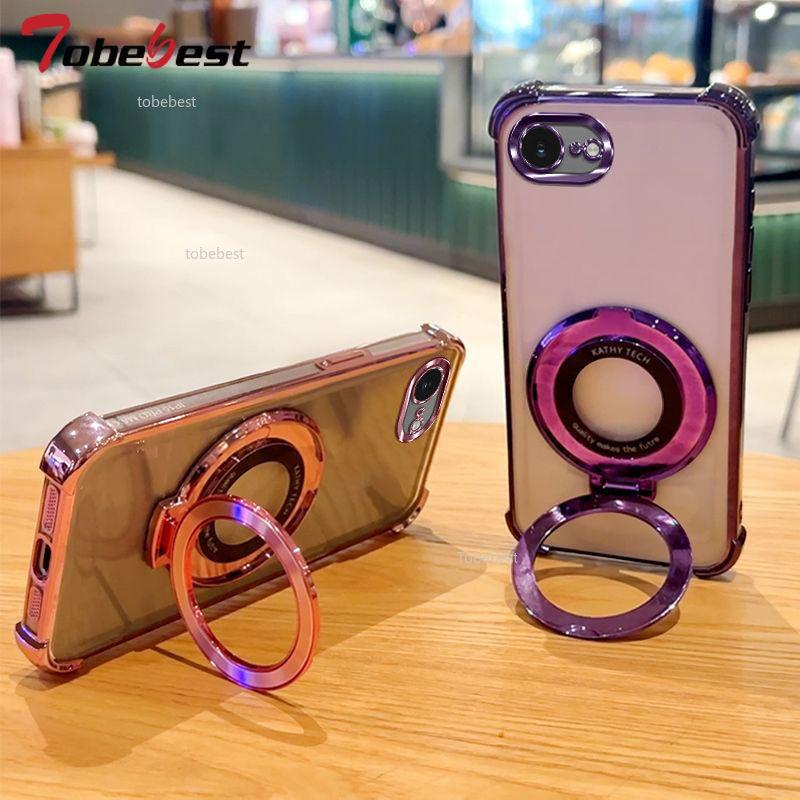 Clear Shockproof Plating Case For Iphone 16E 2025 16 15 14 13 12 11 Pro Max Fundas For Magsafe Magnetic Stand Holder Cover