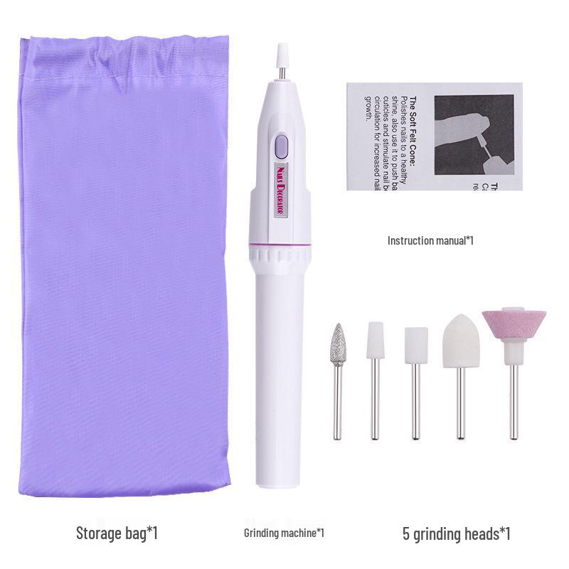 

Purple Mini Electric Nail File Pen with 5 Grinding Heads and Cloth Bag.