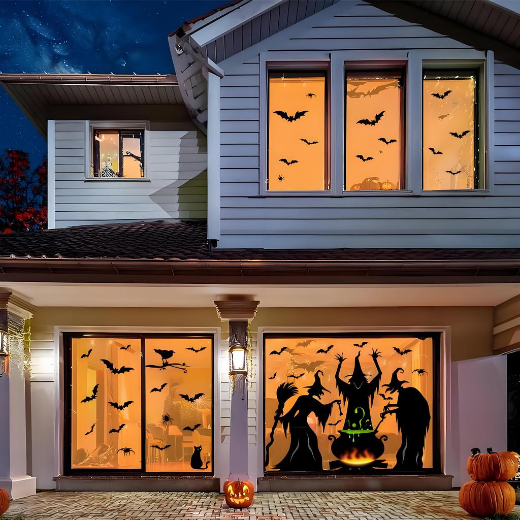 Riesen Halloween Fensteraufkleber Statische Aufkleber | Gruselige Hexen-Silhouette mit Katze & Fledermaus | Mehrraumdeko 4er-Pack für Zuhause Schule