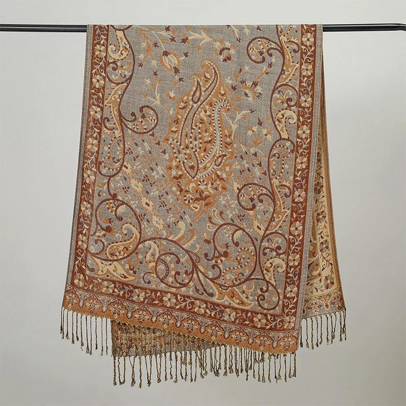 Bohemia Ethnic Style Women Scarf Retro Jacquard Thick Cashmere Tassel Shawl Winter Warm Muslim Hijab Wrap Pashmina