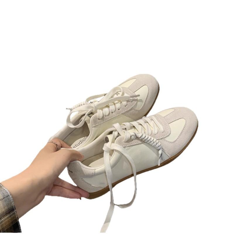 Cowhide Retro Platform German Training Shoes Women's New Knots and Laces Color Matching Casual Sports Shoes Heightening Forrest Gump Shoes Board Shoes