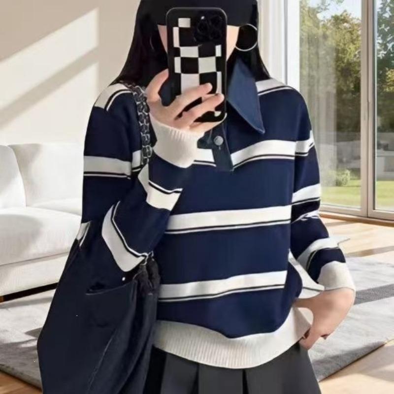 Women S Korean Retro Color Block Striped Pullover Sweater