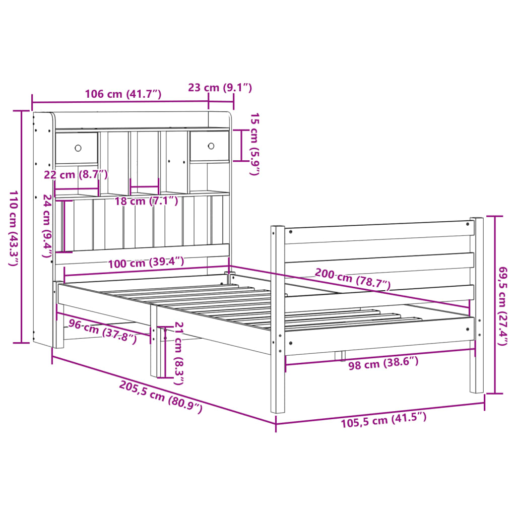 Solid Wood Bed with Shelf Without Mattress 100x200 Cm Pine