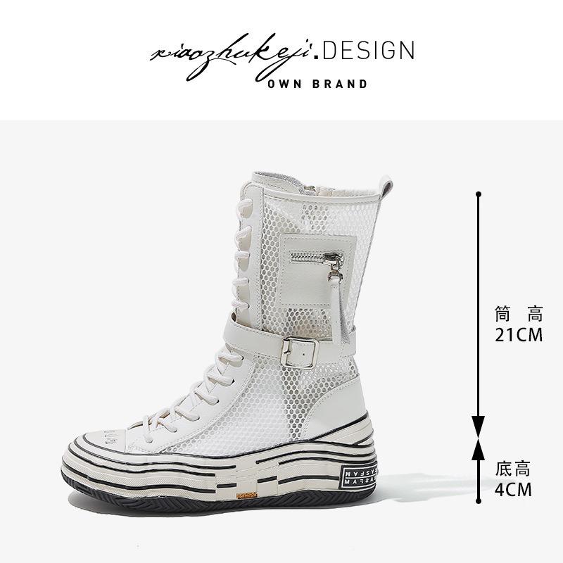 

Leather summer hollow net boots women s new thick-soled inner height increase medium tube Martin boots mesh thin cool boots 34 белый