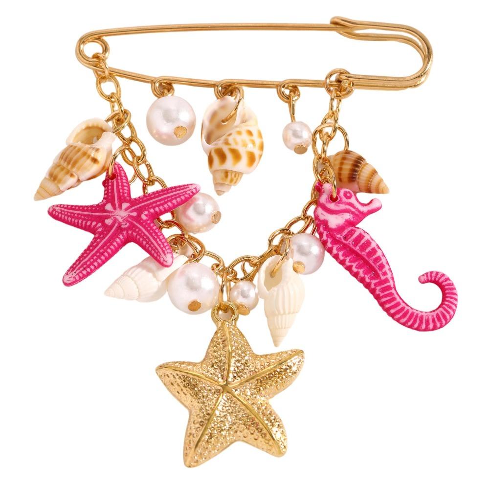 Gold Color Shell Pendant Brooch Metal Chain Tassel Starfish Brooch Pin  Beach Vacation
