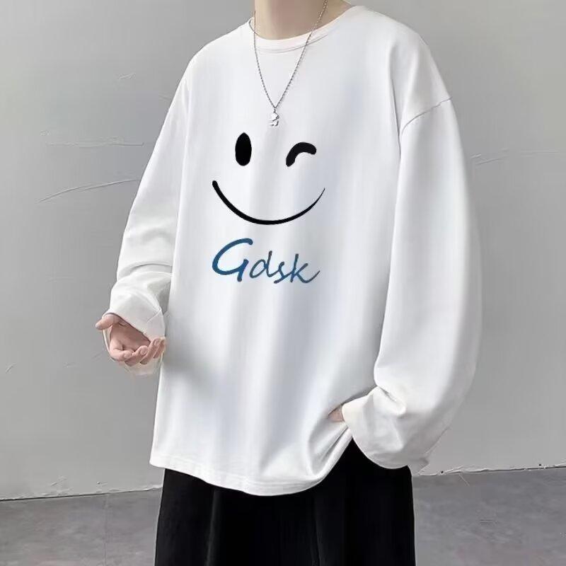 2024 Men's Long-Sleeved T-shirt Autumn Undershirt Long Sleeve Cotton Autumn Hong Kong Style Printing Loose Trendy Top