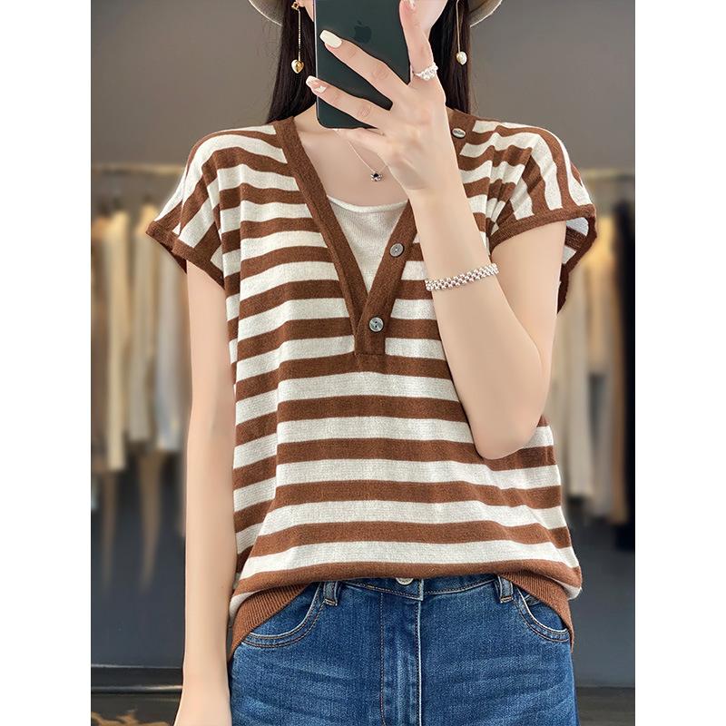 V-neck Striped Color Matching Thin Short-sleeved Womens Summer Latest Relaxed Fit and Thin Pullover Short-sleeved