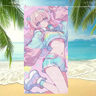 Kawaii Pastel Anime Girl Beach Towel Microfiber Quick Dry Large Bath Towel for Teens Cute Aesthetic Sandproof Swim Towel