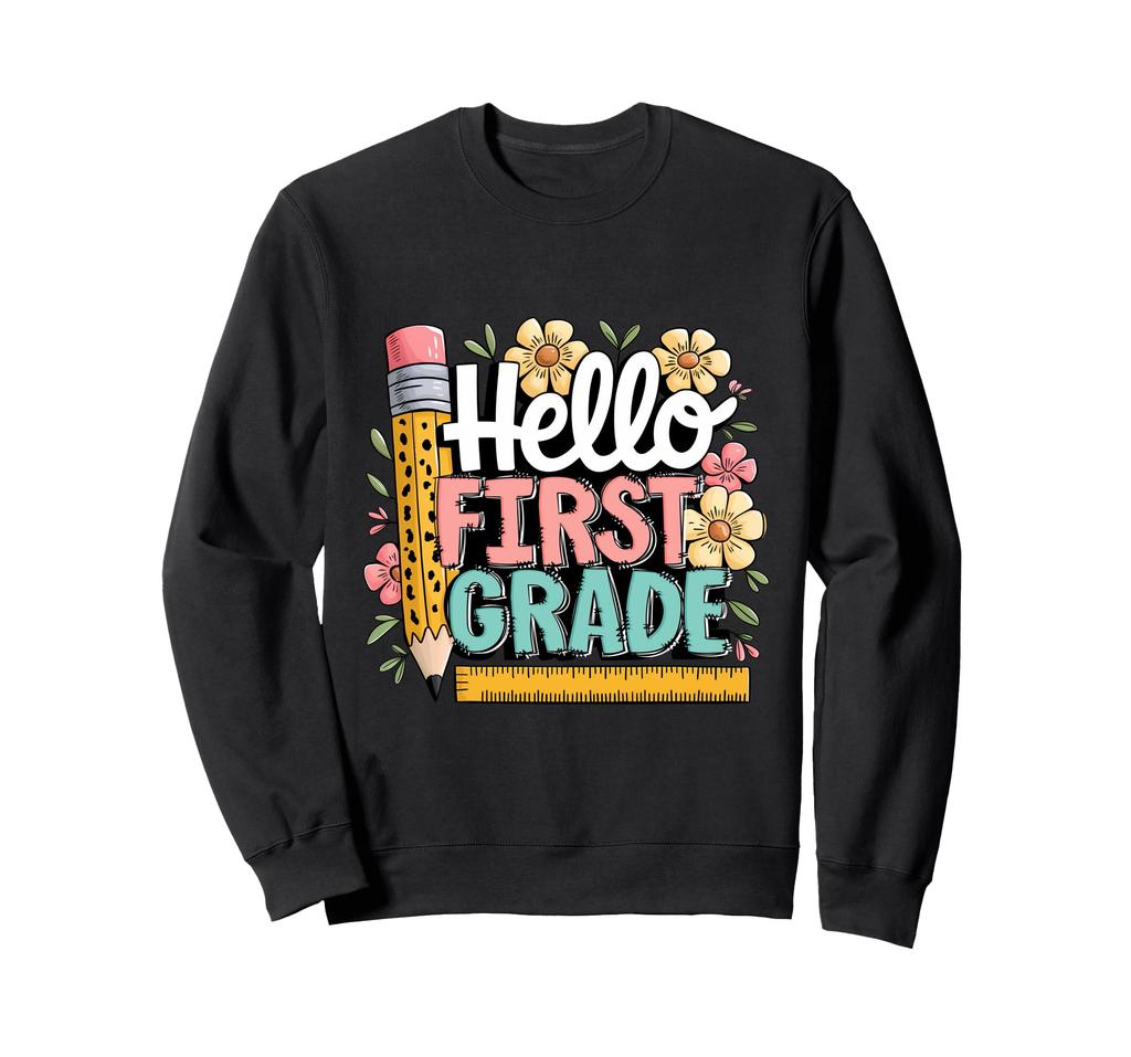 Hello First Grade Shirt Floral Leopard Print Pencil Ruler School Sweatshirt