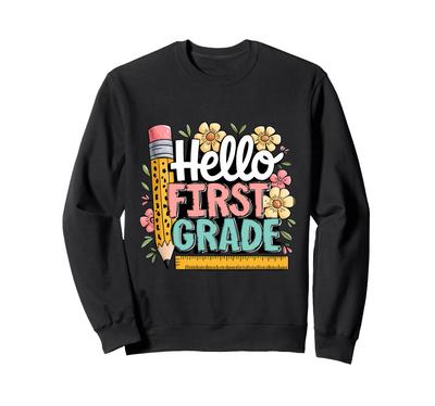 Hello First Grade Shirt Floral Leopard Print Pencil Ruler School Sweatshirt