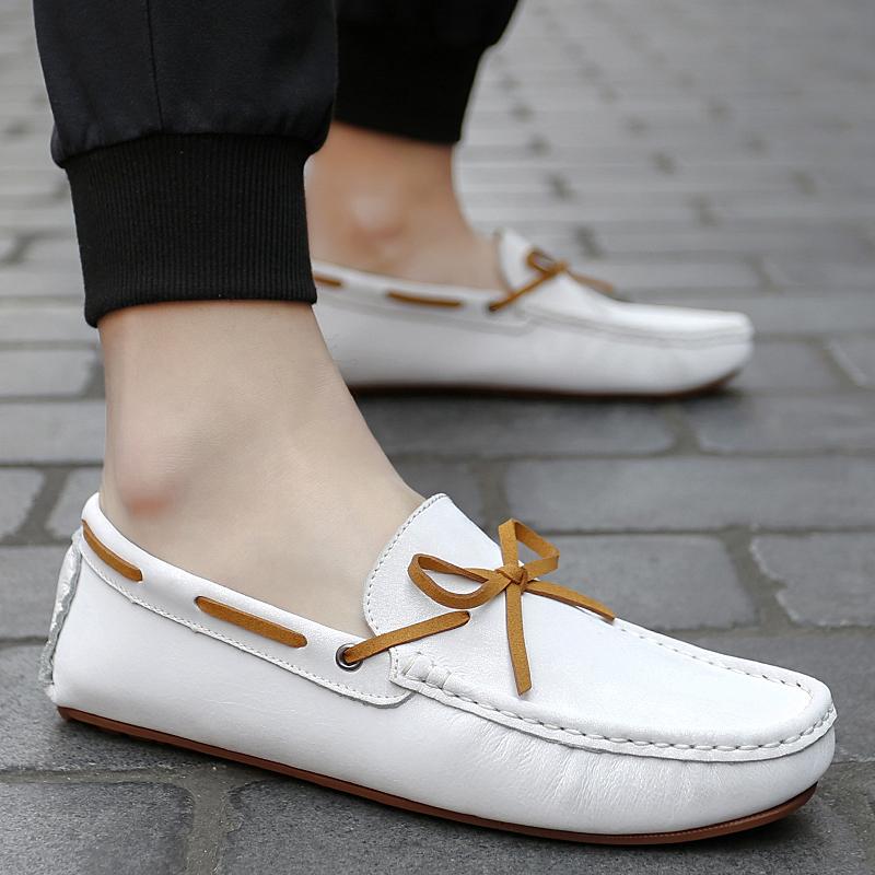 Knotbow Men Casual Shoes Luxury Brand Autumn Mens Loafers Leather Man Moccasins Breathable Slip On Flats Driving Shoes White