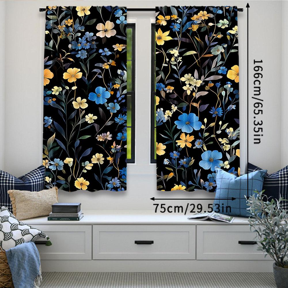 2Pcs Boho Curtain Cute Floral Black Curtain Rustic Country Flower Elegant Suitable For Bedroom Living Room Dining Room And