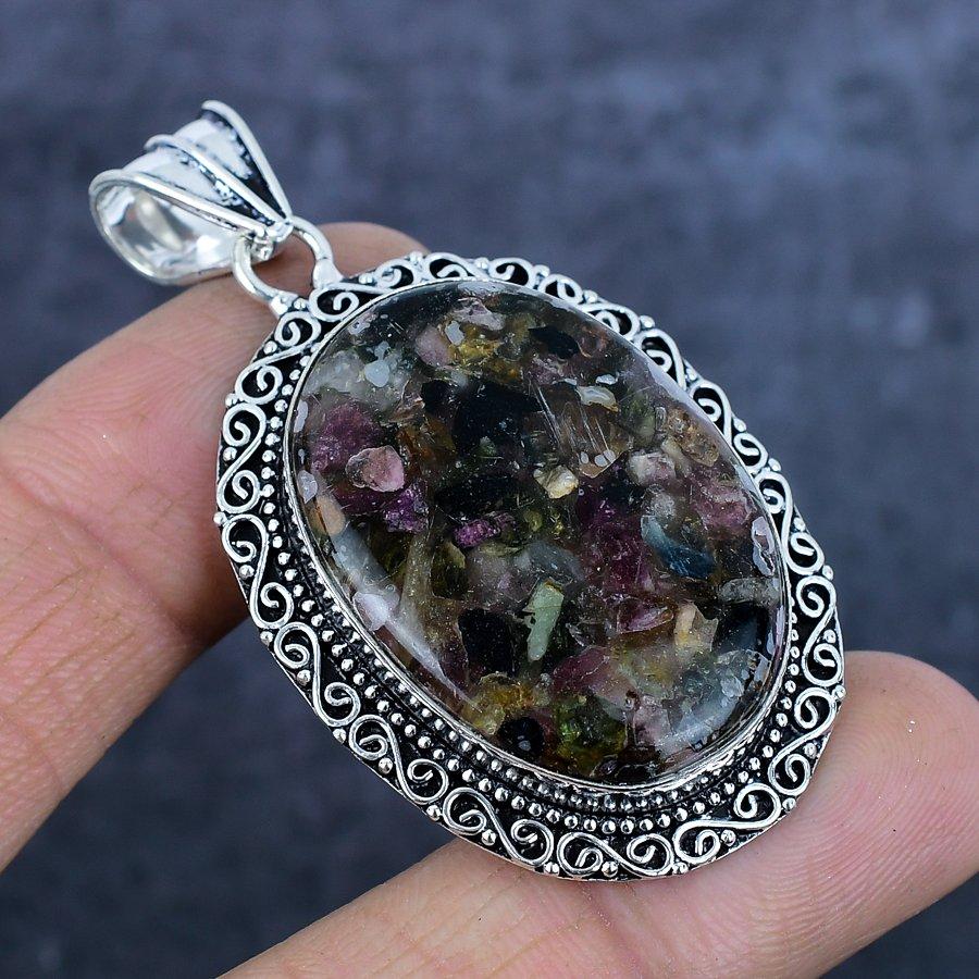 Natural Watermelon Tourmaline 925 Sterling Silver Jewelry Pendant 2.36" k1Y83