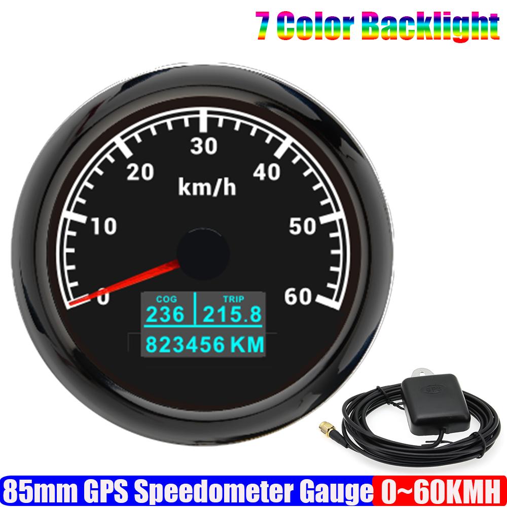 7 Color LED Auto Car 85mm GPS Speedometer Gauge with GPS Antenna 30KMH,60KMH,120KMH,200KMH Marine Boat Yacht COG TRIP Odometer