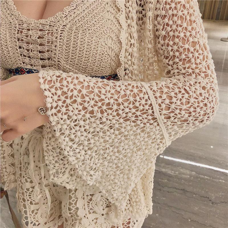 

Весенний женский кружевной кардиган во французском стиле с круглым вырезом, весенний шик с длинными рукавами One Size бежевый