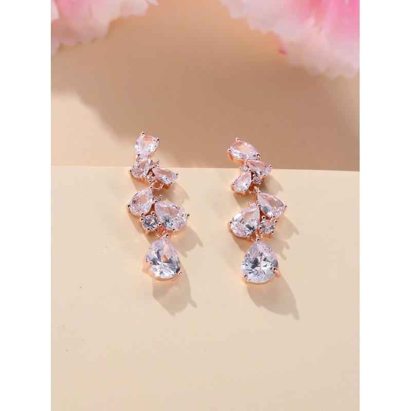 

Platinum White Diamond Flower Leaf Pendant Earrings Zircon Water Drop Atmosphere