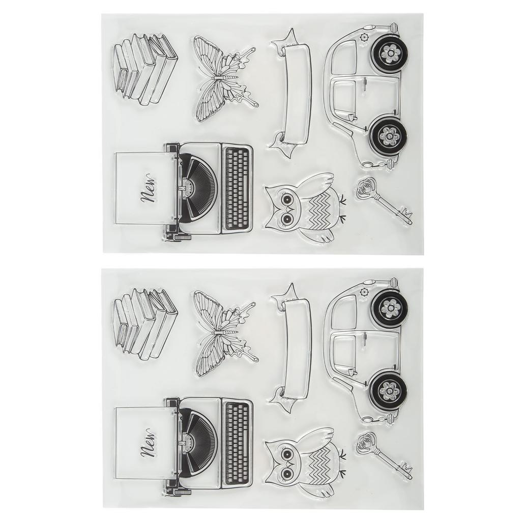 2Pcs Transparent Briefmarken Klar Impressum Schreibmaschine Auto Eule Muster Silikon Klar Briefmarken Dichtungen fo