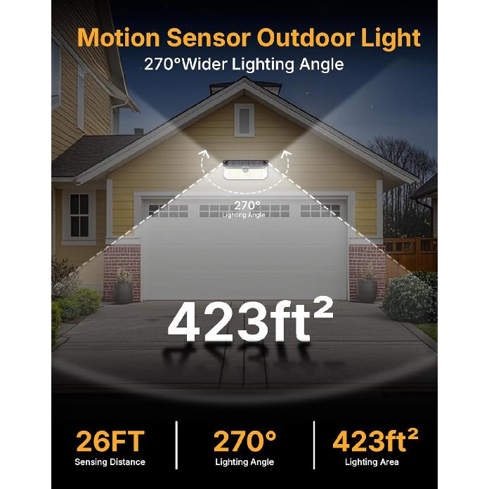 466LED 4000Lm Solar Lights Outdoor Waterproof for Security, 270° Angle & 3 Lighting Modes Motion Sensor Outdoor Lights IP68 Solar Light for Fence