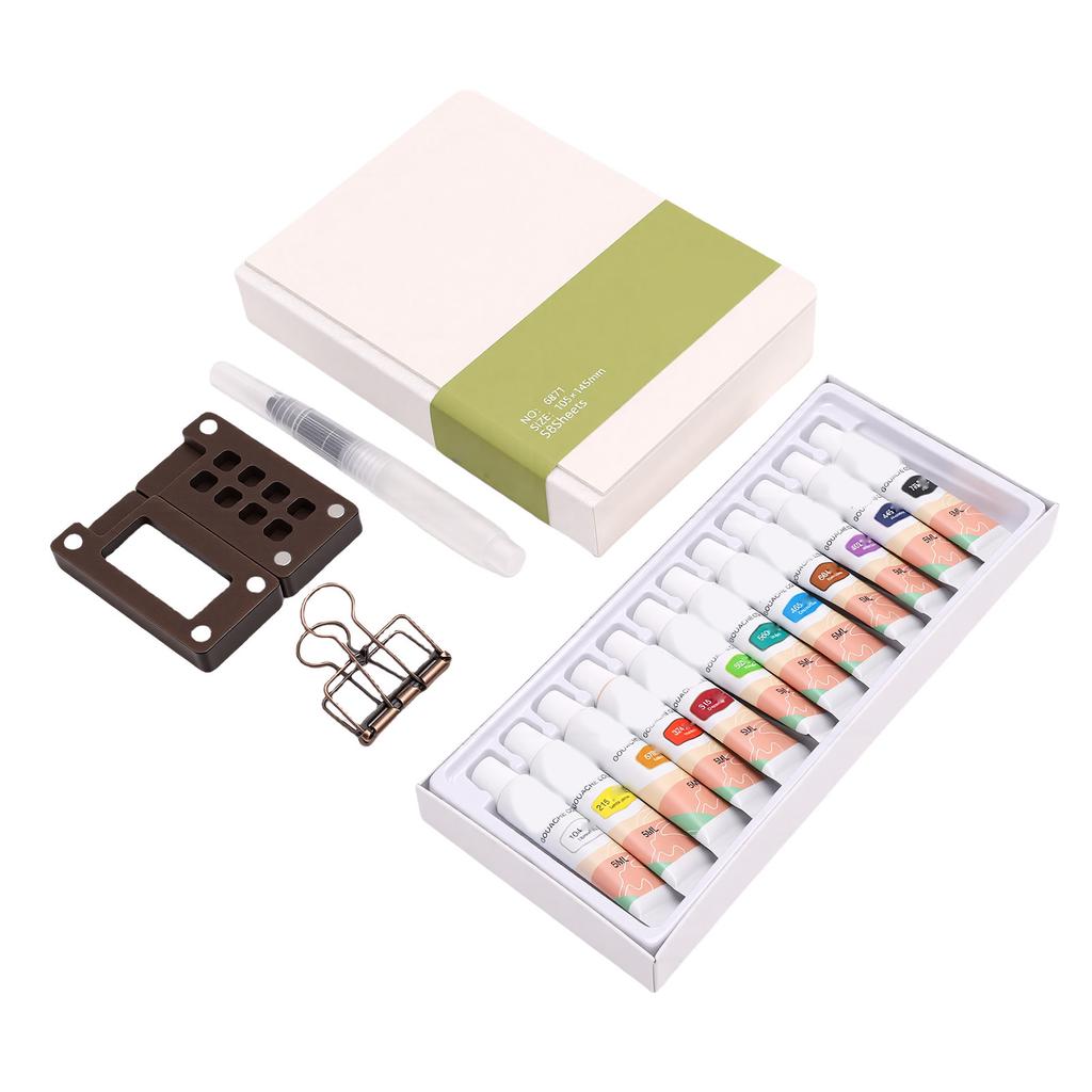 Mini Watercolor Paint Set 8 Grid Wood Palette 12 Colors Portable Watercolor Travel Set for Outdoor Painting Art