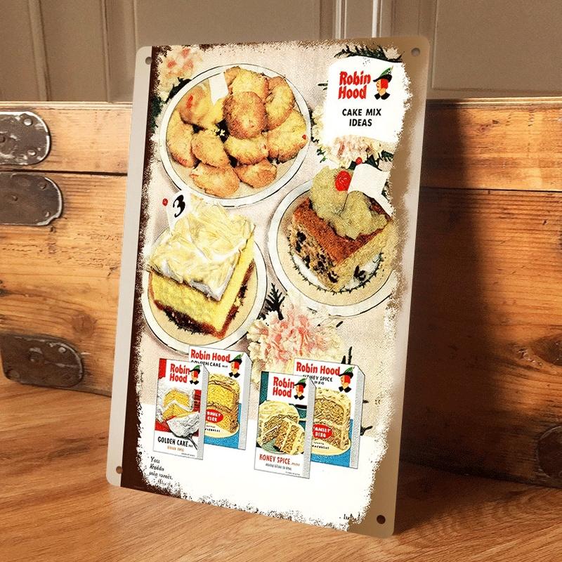 

1 piece: Vintage Robin Hood cake mix advertisement tin plaque, American country style kitchen decorative painting, baking-themed (as the picture,20x30cm)