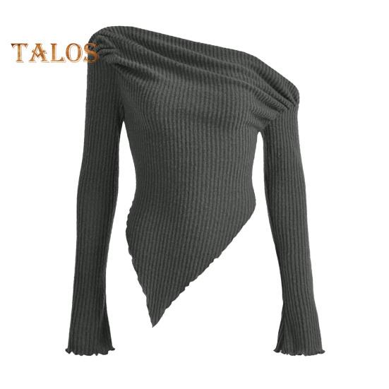 

Женские вязаные топы, сексуальный пуловер с наклонным воротником на плечах и нерегулярным подолом, однотонная блузка в рубчик L темно-серого