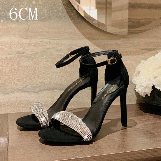 Mode 2025 Sommer Neue Damen Sandalen mit dünnem Absatz Runde Spitze mit Kristall Offene Zehen Koreanische Version Wildleder Absatzschuhe Damen High Heels