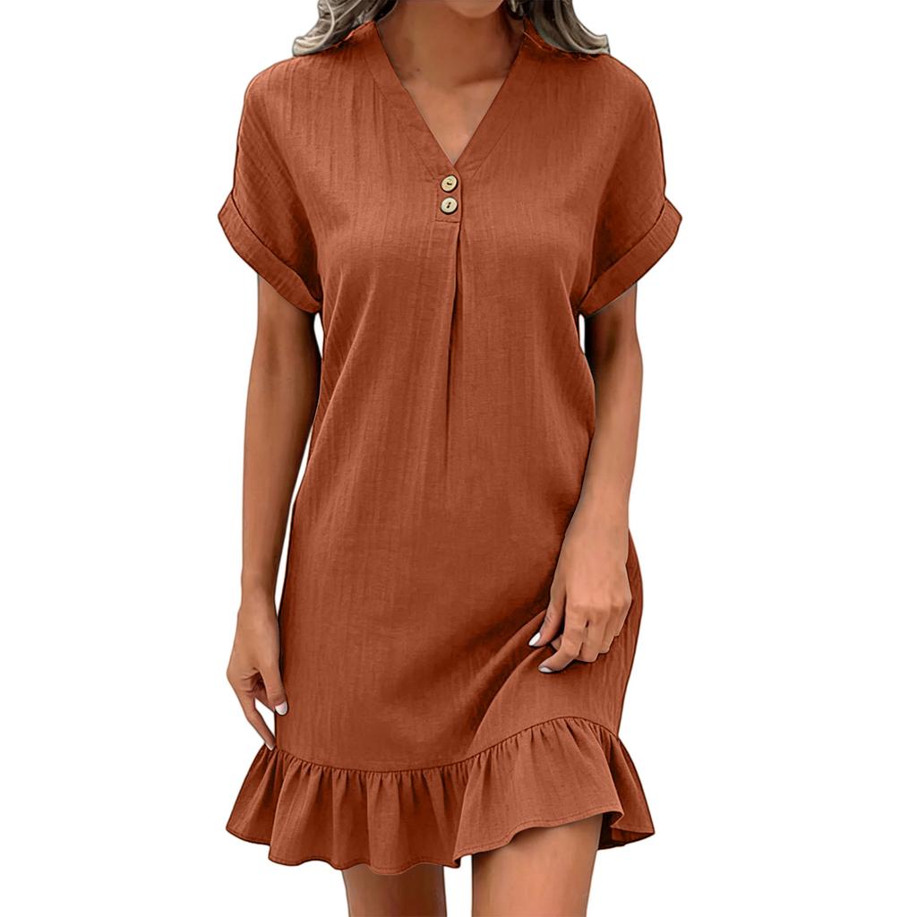 Women's Casual Pullover Dress V Neck Short Sleeve Button Detail Relaxed Fit Ruffle Hem Lightweight Fabric Summer Vacation Dress