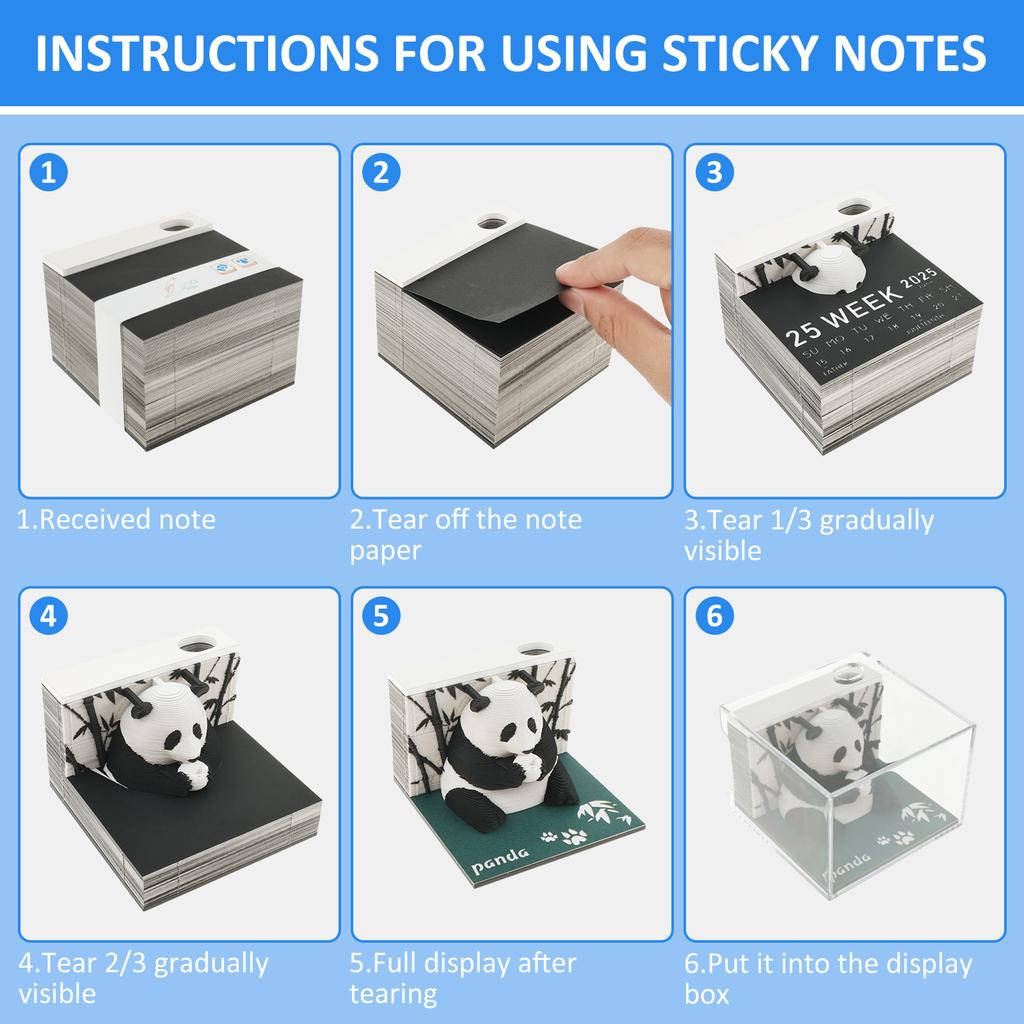 2025 3D Panda Paper Sculpture Desk Calendar Tear-Away 3D Memo Pad Art Sticky Notes Creative Paper Carving Art Ornaments Gifts