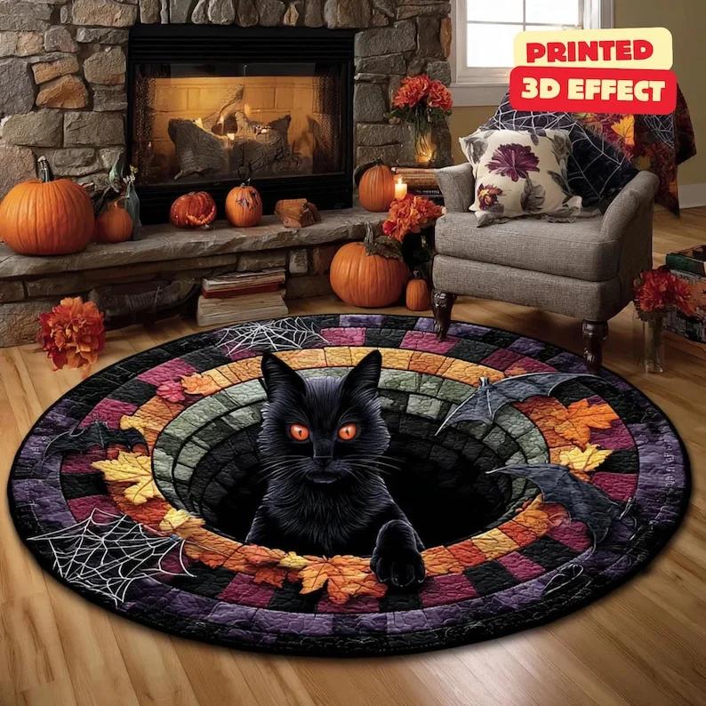 Halloween Black Cat 3D Printed Rug Halloween Black Cat Welcome Mat Black Cat Indoor Rug Decor Halloween Fall Home Decor