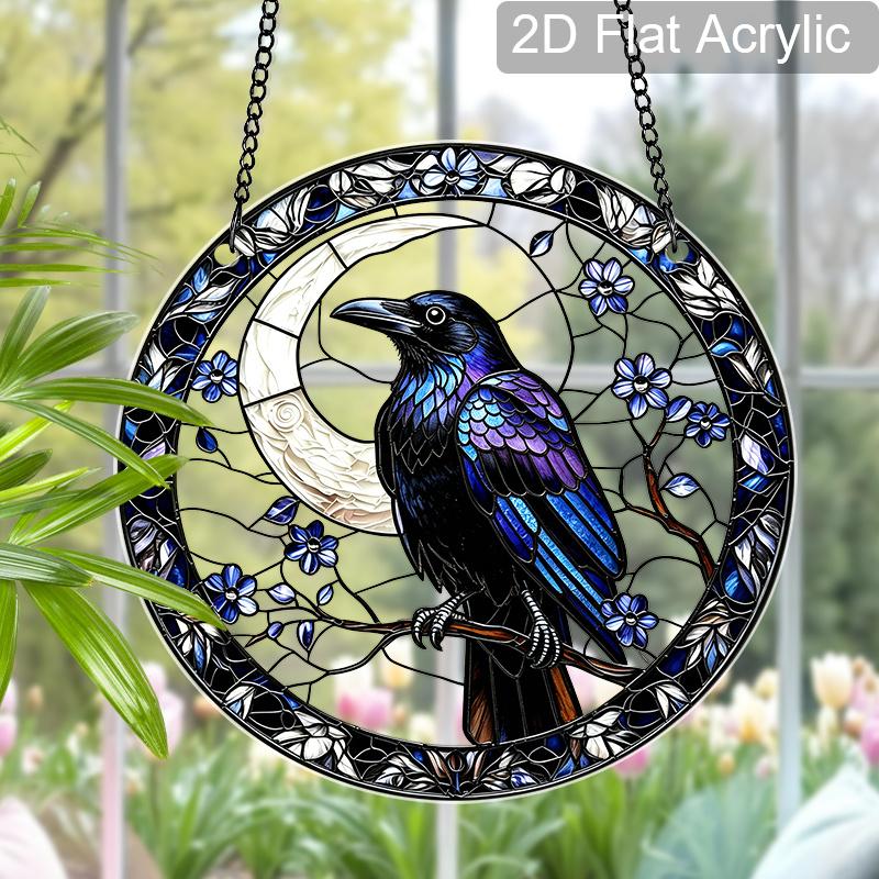 2D Flat Acrylic Halloween Crow Suncatcher Decorative Hanging Ornament, 7.87/11.81inches Black Window Hanging Pendant, Nature Bird Lovers Housewarming