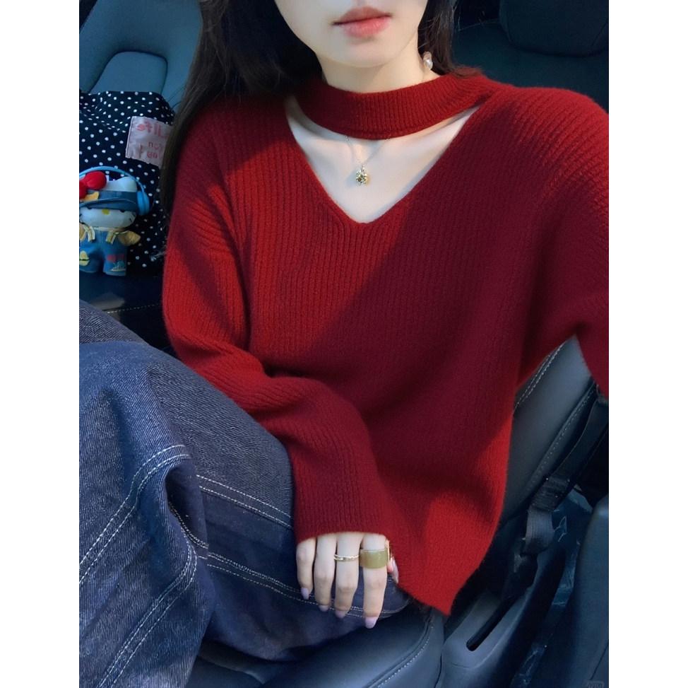Korean Style Red V-Neck Halter Knit Sweater for Women - Autumn/Winter