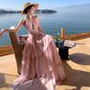 Sexy Collar Pink Suspender Dress Women's Summer Travel Seaside Vacation Beach Neck Skirt
