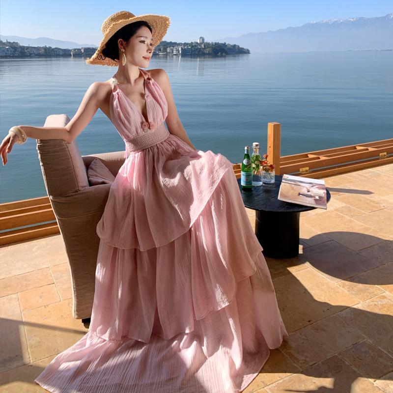 Sexy Collar Pink Suspender Dress Women's Summer Travel Seaside Vacation Beach Neck Skirt