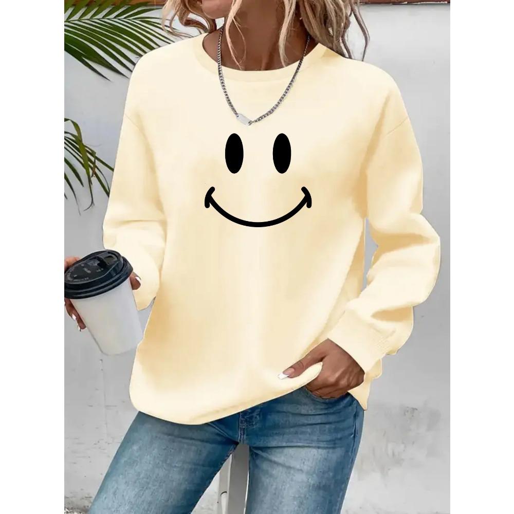 Ladies' Fashionable Cartoon Micro Smiling Face Printed Pullover, Casual