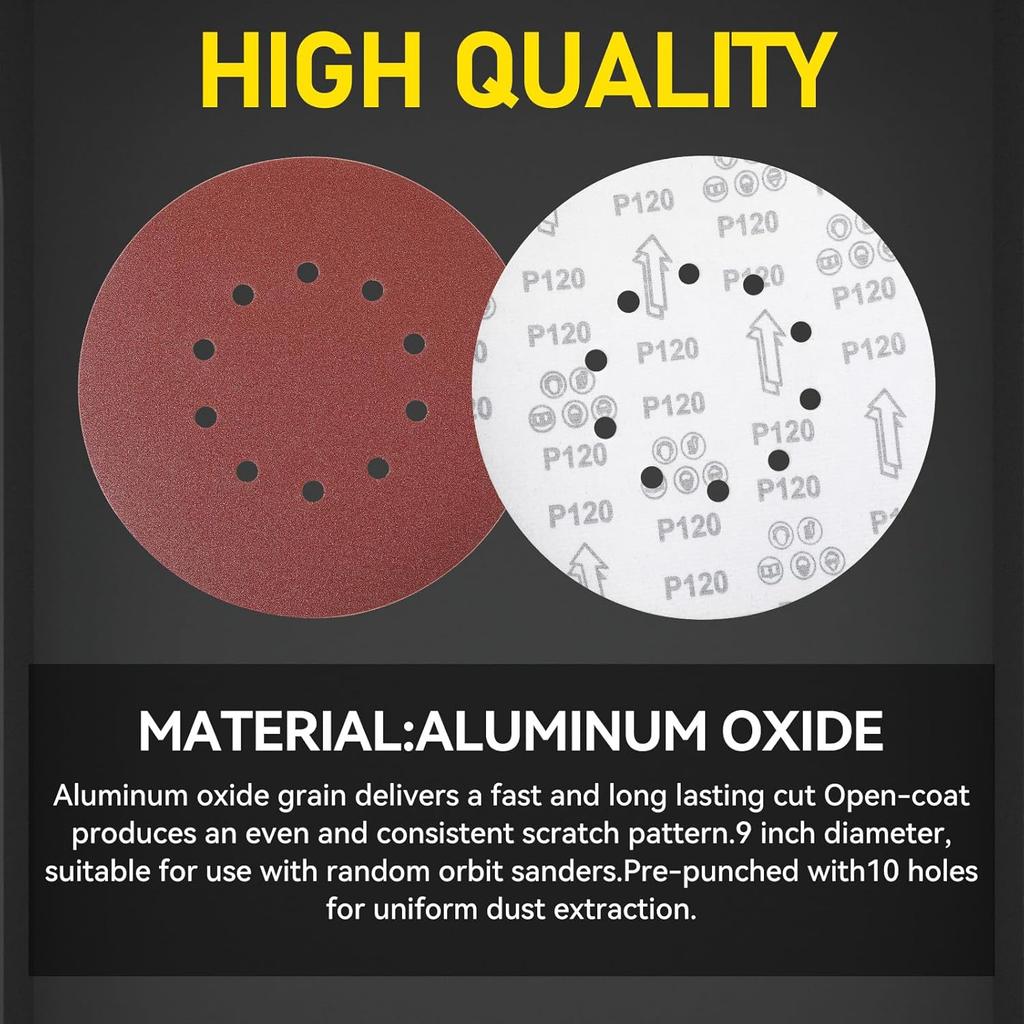 20 Pcs 9 Inch 225mm10 Hole Wall Sander Sandpaper Metal Woodworking Grinding Disc Abrasive Polishing 40-2000 Grit Sanding Disc