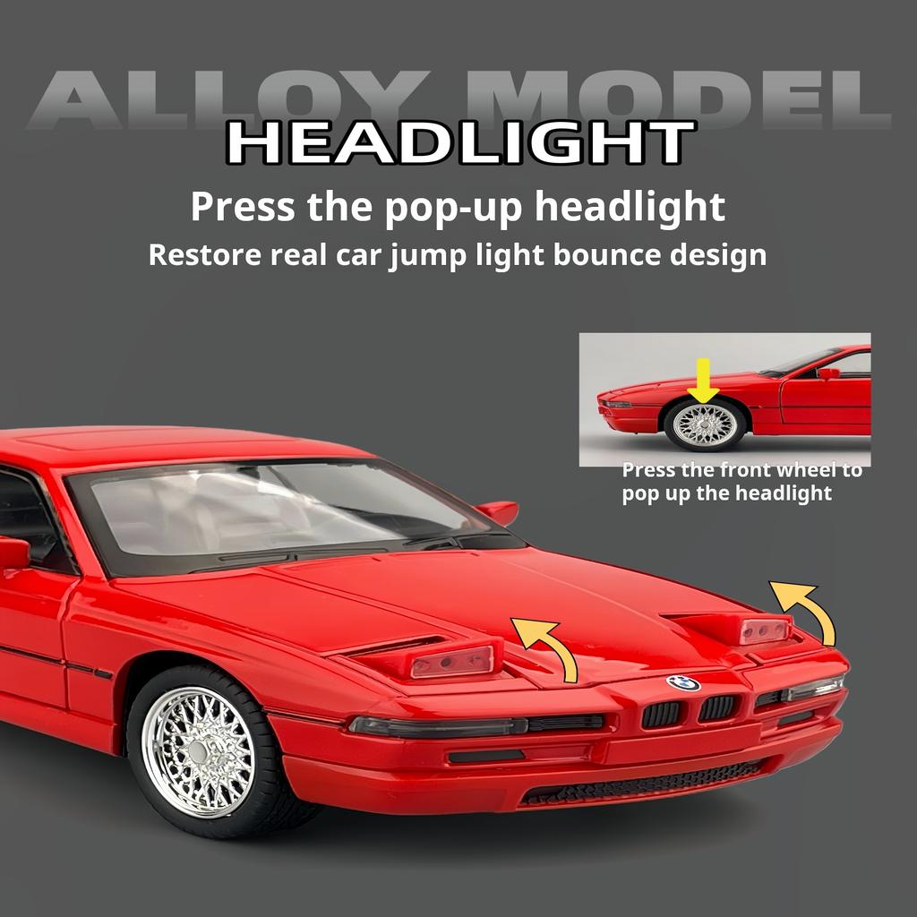 1:24 BMW Vintage 850CSI Classic Pop-up Headlights Simulation Alloy Car Model Kids' Toy Car Pull Back Gift for Boys & Collectors