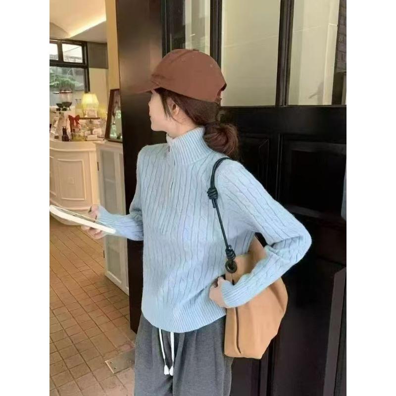 Dámský béžový pletený svetr s půlzapínáním a límcem, ležérní