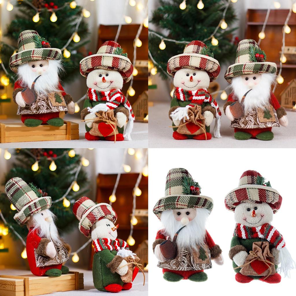 Vintage Checkered Hat Santa And Snowman Plush Dolls Figurines Christmas Home Table And Shelf Decors Accents