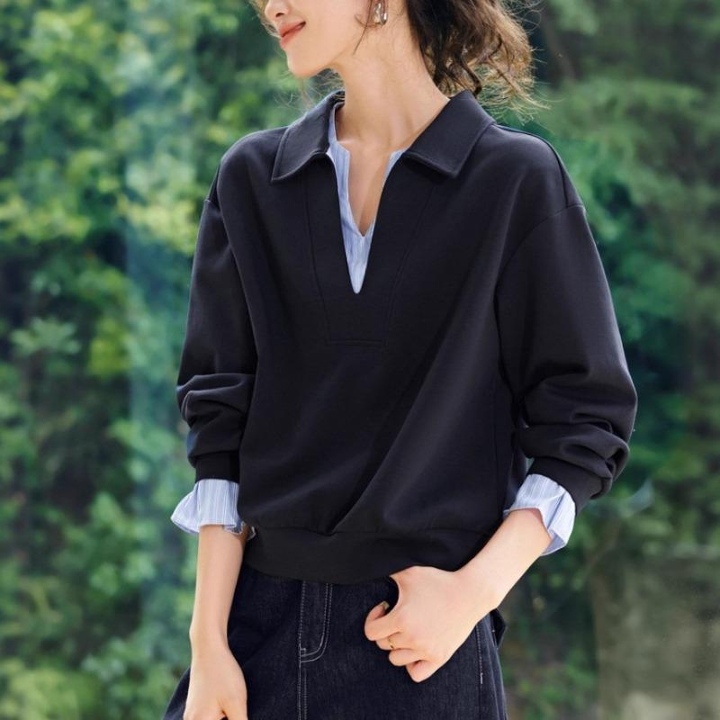 Fake Two Piece Patchwork Stripe Long Sleeve Casual Commuter Women Sweatshirt