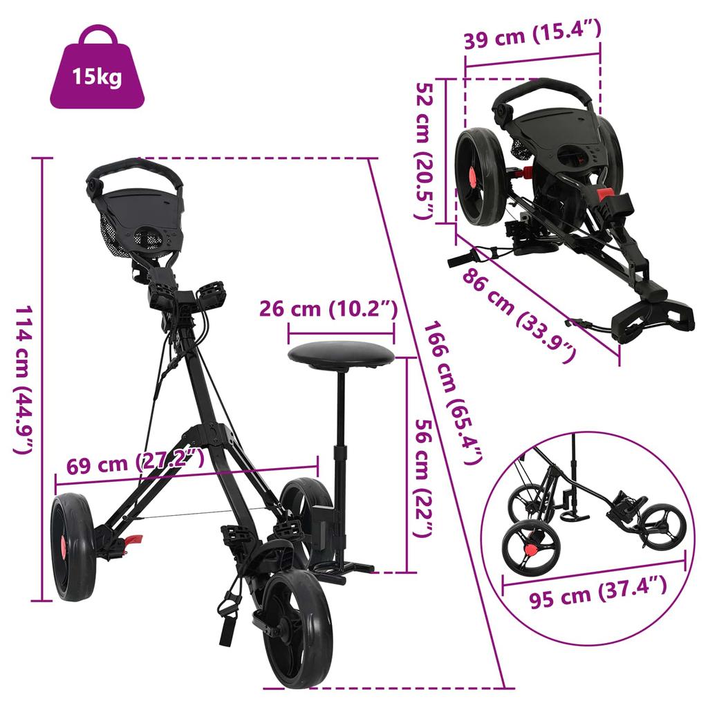 Golf Trolley with Seat Black 95 x 69 x 114 cm Iron