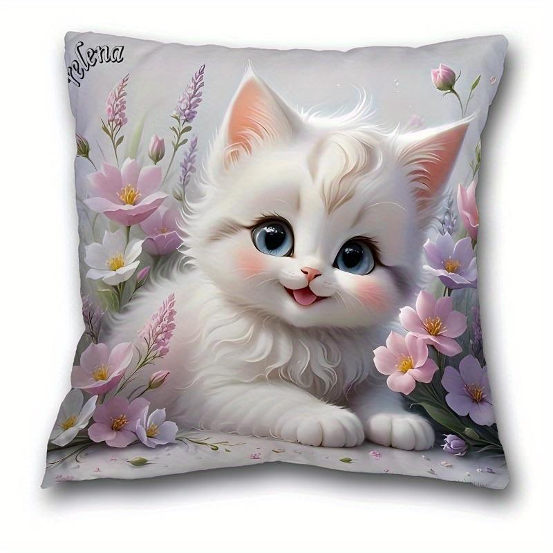 

Cute White Kitten Pillowcase Floral Cat Cushion Cover Pastel Animal Art Soft Home Decor for Bedroom Sofa Living Room 40cmx40cm