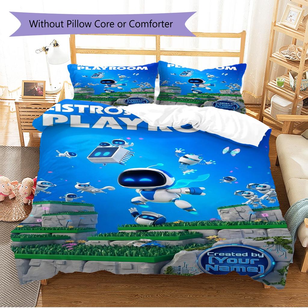 Name Custom Astro Bot Pattern Bedding Set Quilt Cover Pillowcase Home Decor Gift (1 * Duvet Cover + 2 * Pillowcase, Without Core)