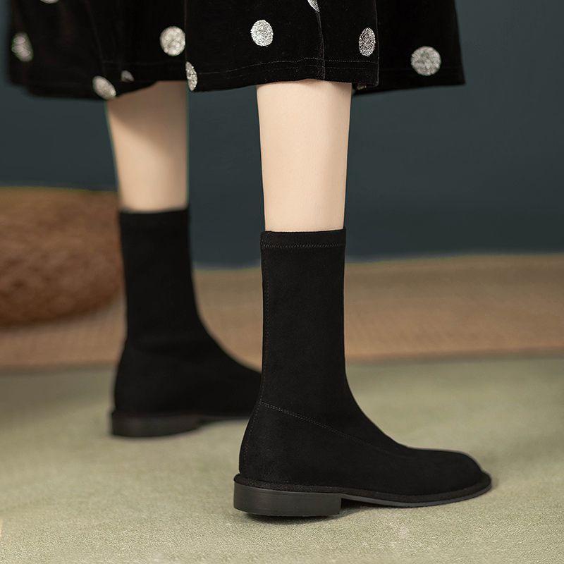 Fashion Suede Elastic Elegant with Low Heels Ladies Mid Calf Shoes Winter 2025 Novelty Sale Y2k Comfortable Goth Women's Half High Boots