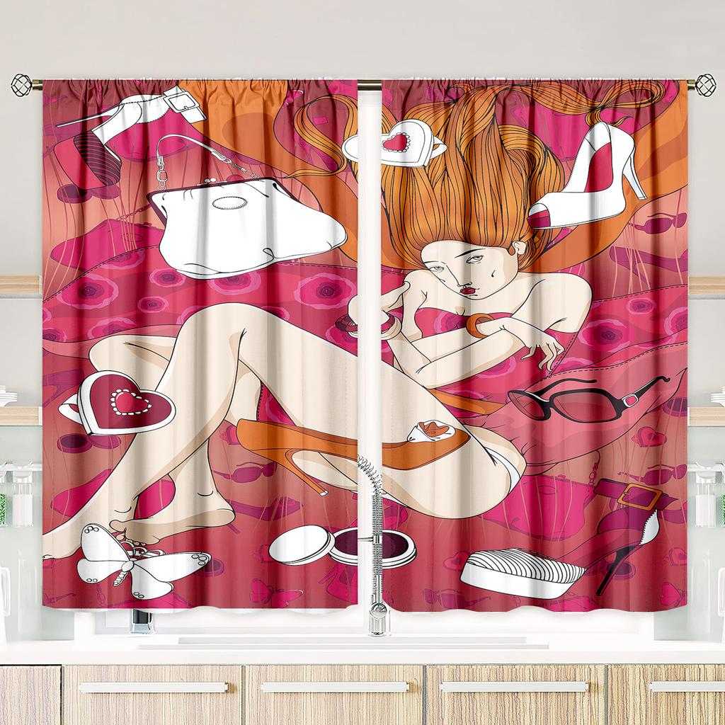 2 Pieces of Exaggerated Graffiti Beauty Makeup Personality Printing Curtain - Polyester Material - Suitable for Bedroom Living R