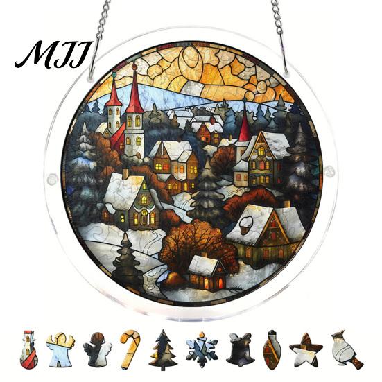 Decorative Garden Sun Catcher Christmas Acrylic Puzzle Suncatcher, Holiday Tree Snowman Stockings Red Bird Office Window Decoration Kit for